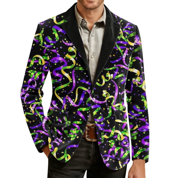 Men's Corduroy Blazer - Carnival Printed Warm Pocket Casual Suit Jacket, Green, L