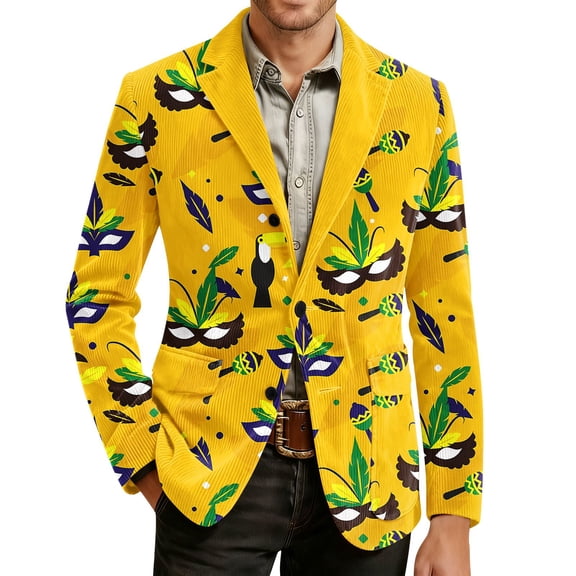 Men's Corduroy Blazer - Carnival Printed Warm Pocket Casual Suit Jacket, Purple, L
