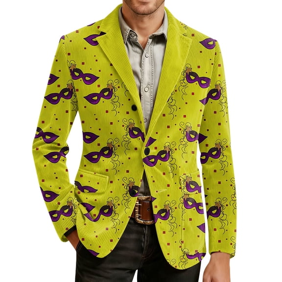 Men's Corduroy Blazer - Carnival Printed Warm Pocket Casual Suit Jacket, Yellow, L