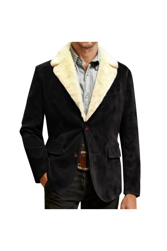 Men's Corduroy Blazer - Fleece-Lined Solid Color Warm Pocket Casual Suit Jacket, Black, L