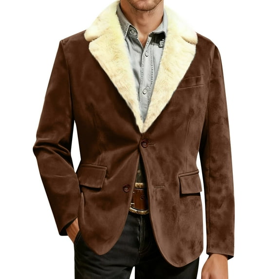 Men's Corduroy Blazer - Fleece-Lined Solid Color Warm Pocket Casual Suit Jacket, Camel, L