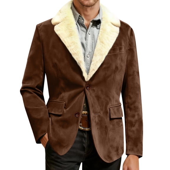 Men's Corduroy Blazer - Fleece-Lined Solid Color Warm Pocket Casual Suit Jacket, Camel, L