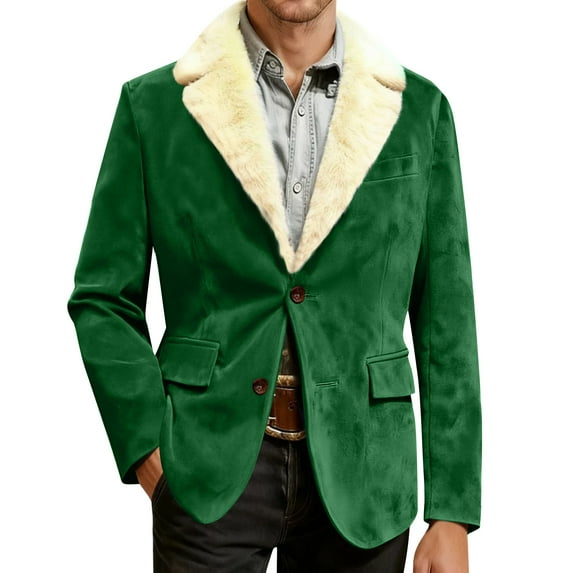 Men's Corduroy Blazer - Fleece-Lined Solid Color Warm Pocket Casual Suit Jacket, Green, XXL