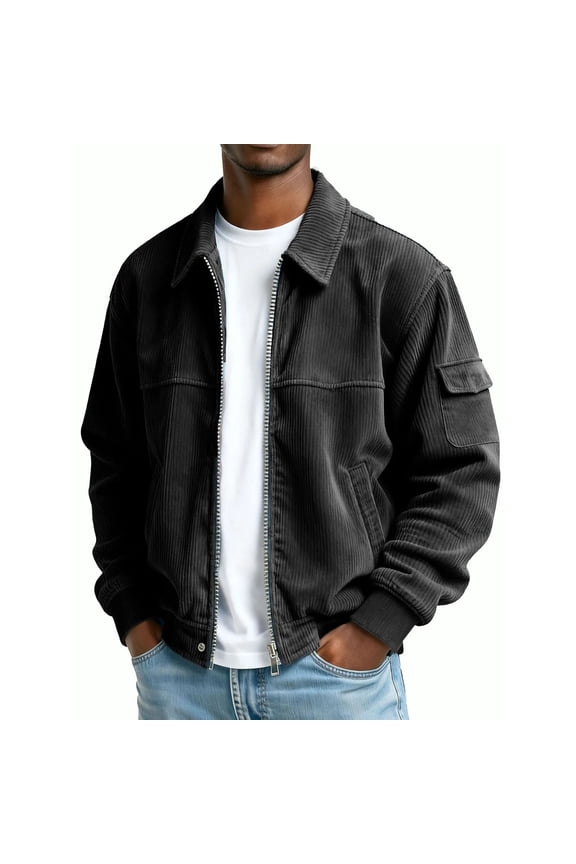 Men's Corduroy Bomber Jacket Lightweight Lapel Zip Up Coat Trucker Vintage Jacket Spring Fall Outerwear With Pocket