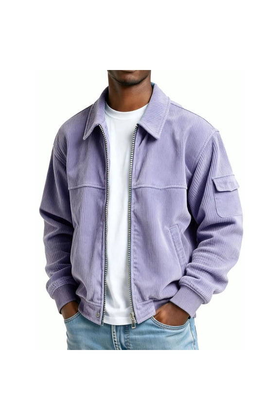Men's Corduroy Bomber Jacket Zip Up Coat Trucker Vintage Jacket with Pocket Track Running Athletic Coats