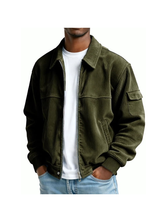 Men's Corduroy Bomber Jacket Zip Up Coat Trucker Vintage Jacket with Pocket Track Running Athletic Coats