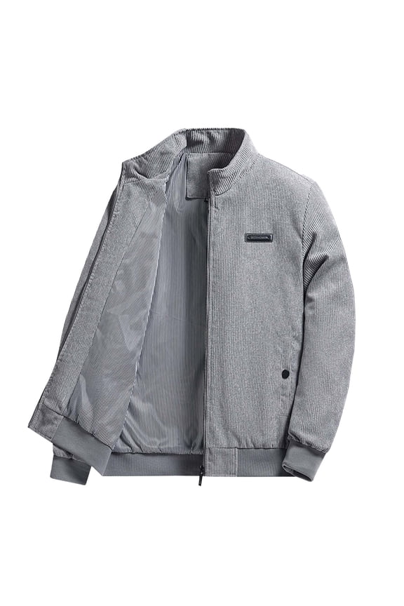 Men's Corduroy Bomber Jacket Zip Up Coat Vintage Stand Up Collar Trucker Jacket with Pocket & Quilted Lining Big and Tall Size S-3XL Gray