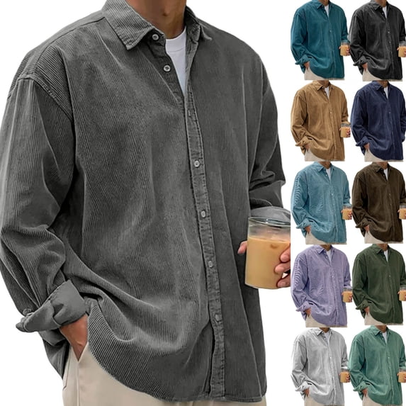 Men's Corduroy Button Down Shirt Casual Long Sleeve Loose Fit Square Neck Thick Cotton Shirt for Fall Winter Outdoor Daily Wear Dark Gray XL