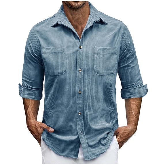 Men's Corduroy Button Down Shirts Casual Long Sleeve Shirts Shacket Collared Western Vintage Lightweight Jacket with Pockets