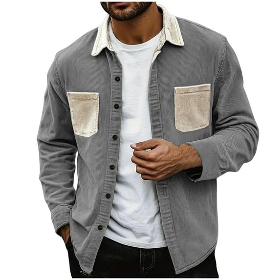 Men's Corduroy Button Down Shirts Color Block Jackets Casual Long Sleeve Shacket Lightweight Overshirts With Pockets (XL, Gray)