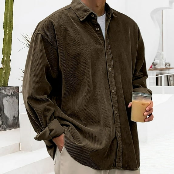 Men's Corduroy Button Down Shirts Jackets Casual Long Sleeve Shacket Lightweight Overshirts
