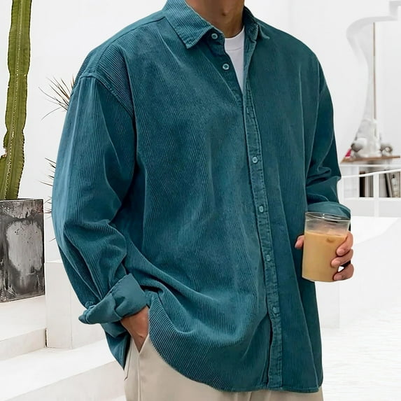 Men's Corduroy Button Down Shirts Jackets Casual Long Sleeve Shacket Lightweight Overshirts