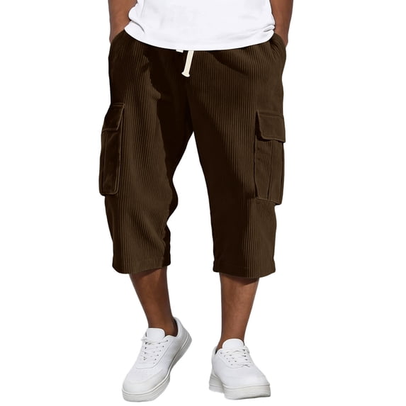 Men's Corduroy Cargo Capri Pants, Elastic Waist Drawstring 3/4 Long Shorts with Multi-Pockets, Casual Loose Fit Summer Cropped Trousers Coffee