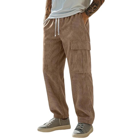 Men's Corduroy Cargo Pants - Drawstring Waist for Casual Leisure & Everyday Wear Khaki XL