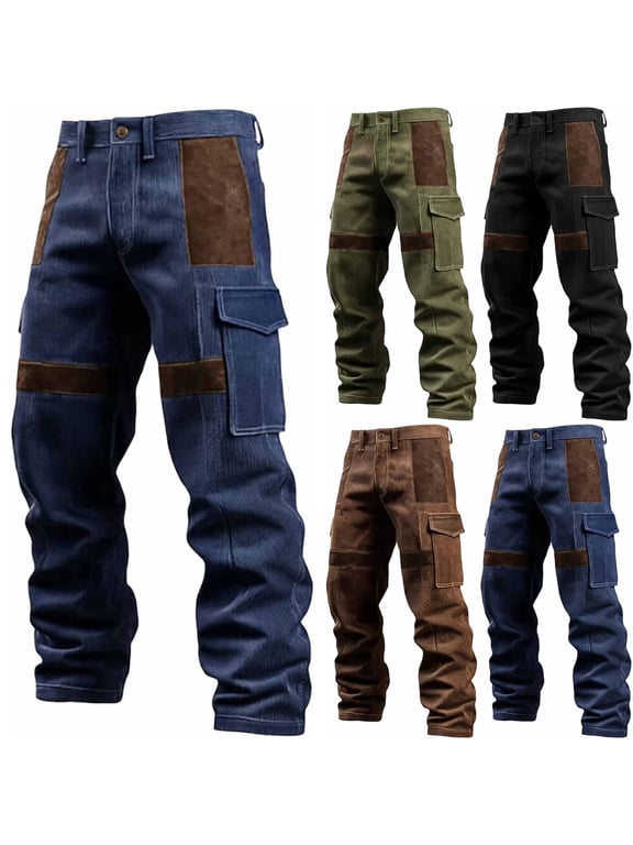 Men's Corduroy Cargo Pants Streetwear Baggy Straight Leg Patchwork Trousers with Flap Pockets for Outdoor Fall Daily Wear, Navy, XXL