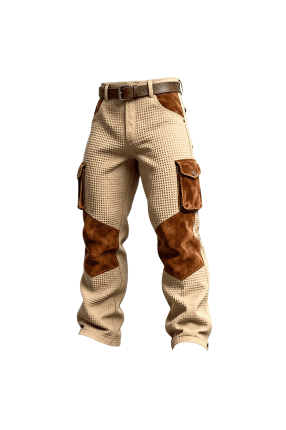 Men’s Corduroy Cargo Pants with Suede Patchwork Relaxed Fit Trousers with Multiple Pockets and Belt Loops for Daily Wear