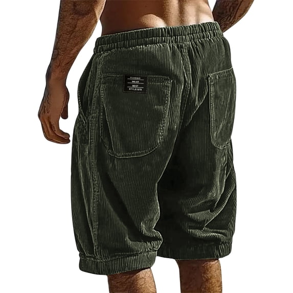 Men's Corduroy Cargo Short Elastic Drawstring Waist Summer Beach Short Pants Loose Fit Light with Multi Pockets Army Green L