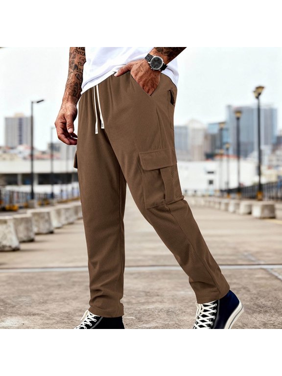 Men's Corduroy Cargo Straight‑Leg Cargo Pants, Elastic Drawstring Waist, Large Patch Cargo Pockets, Straight‑Leg Cut, For City Street Outings Coffee S