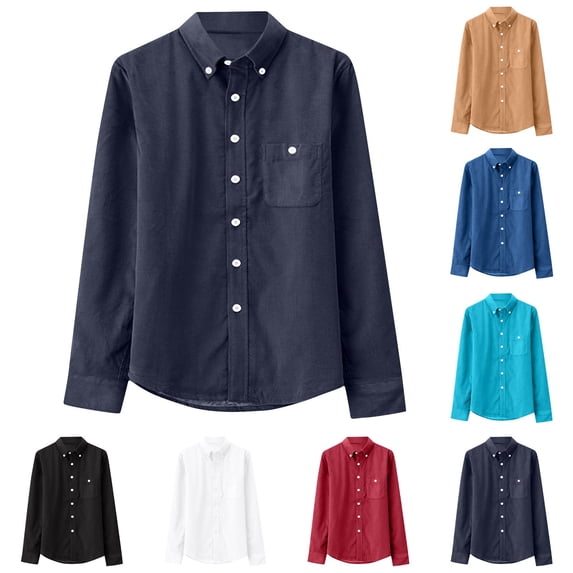 Men's Corduroy Casual Button Down Long Sleeve Shirt Lapel Solid Pocket Fashion Business | JASKFLY,Navy M