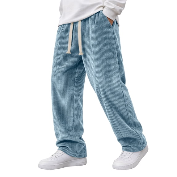 Men's Corduroy Casual Pants Drawstring Elastic Waist Straight Leg Trousers with Pocket Loose Fit Solid Color Fall Winter Sweatpants Sky Blue XXXL