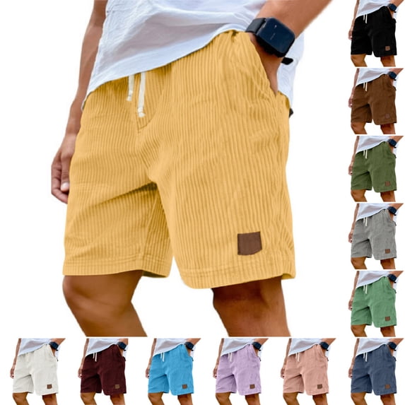Men’s Corduroy Casual Shorts, Elastic Waist with Drawstring, Soft Ribbed Texture for Everyday, Loungewear & Streetwear Yellow L