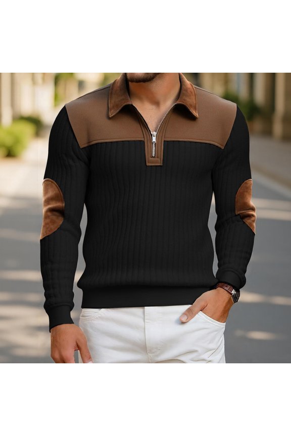 Men's Corduroy Casual Sweatshirt - Quarter Zip Mock Neck Pullover with Elbow Patches - Black - Size M