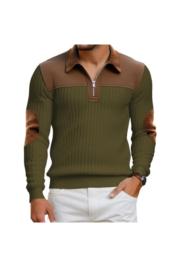 Men's Corduroy Casual Sweatshirt - Quarter Zipper Mock Neck Pullover Top with Elbow Patches, Fashion Comfort for Everyday Wear, Soft Textured Fabric,Army Green,2XL