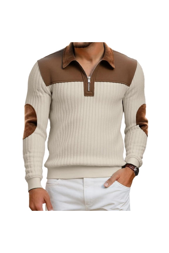 Men's Corduroy Casual Sweatshirt - Quarter Zipper Mock Neck Pullover Top with Elbow Patches, Fashion Comfort for Everyday Wear, Soft Textured Fabric,Khaki,XL