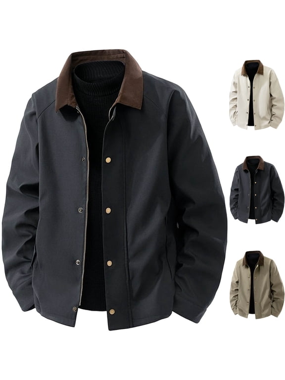 Men's Corduroy Collar Work Jacket Classic Fit Barn Coat Zip Up Windbreaker with Pockets for Business Casual Office Golf Wear, Black, XXXL