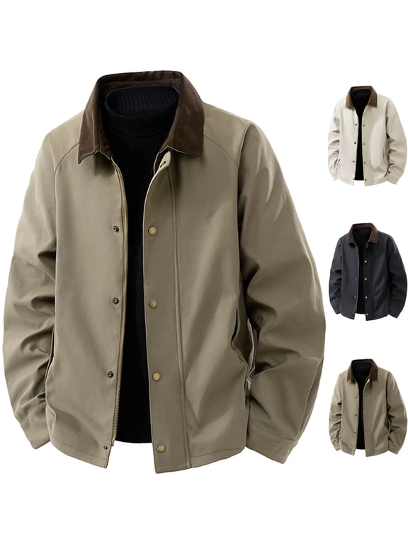 Men's Corduroy Collar Work Jacket Classic Fit Barn Coat Zip Up Windbreaker with Pockets for Business Casual Office Golf Wear, Bronze, XL