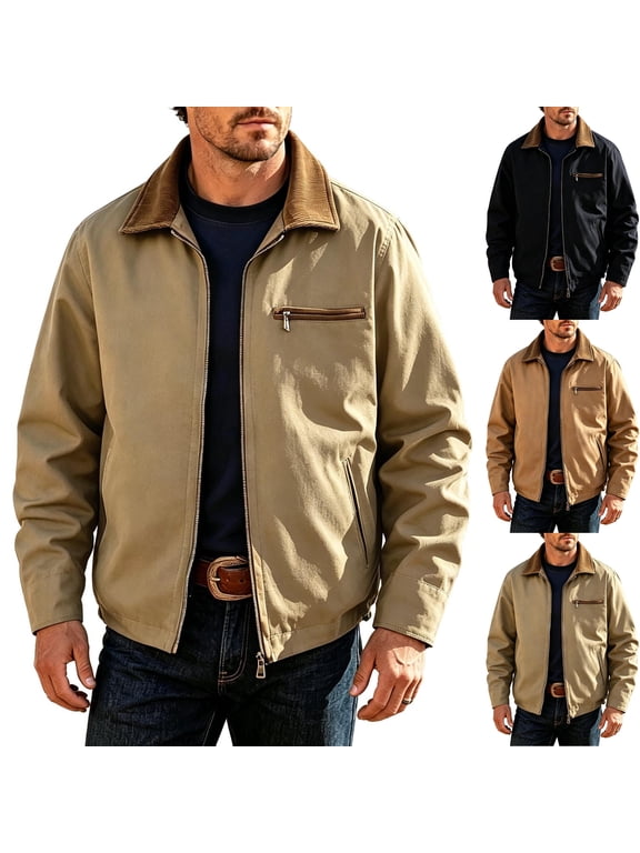 Men's Corduroy Collar Work Jacket Zip Up Casual Bomber Coat for Fall Winter Windproof Warm Outdoor Travel with Zipper Chest Pocket, Khaki, S