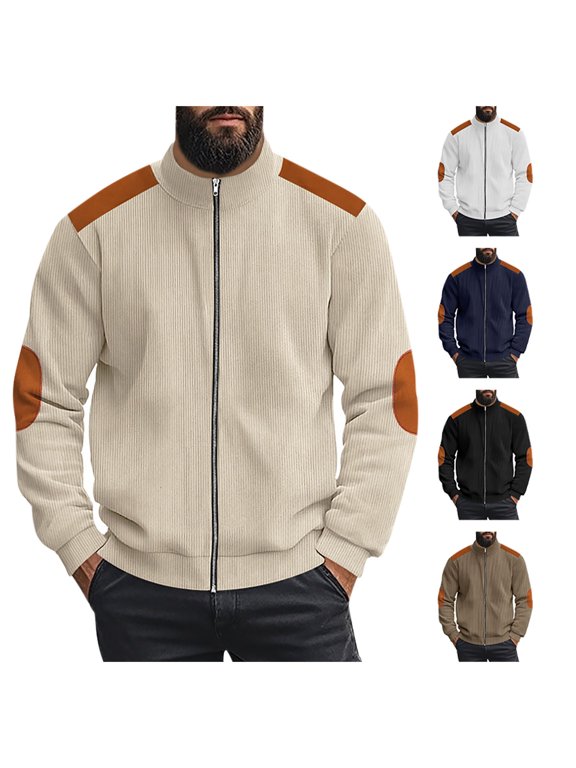 Men's Corduroy Contrast Zip Up Jacket Stand Collar Elbow Patch Bomber Jackets Long Sleeve Fall Casual Outer Coat