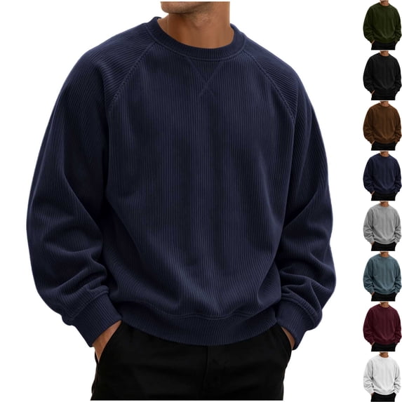 Men's Corduroy Crewneck Sweatshirt Raglan Long Sleeve Pullover Loose Fit Ribbed Knit Streetwear Top for Fall Winter Casual Travel Cozy Shirt, Dark Blue, XXXL
