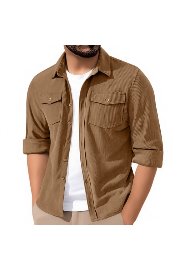 Men's Corduroy Dressy Shirts Long Sleeve Shirts Collar Button Down Shirt Vintage Solid Lightweight Jacket Outdoor Golf Jackets Bussiness Office Work Blouses with Flap Pockets
