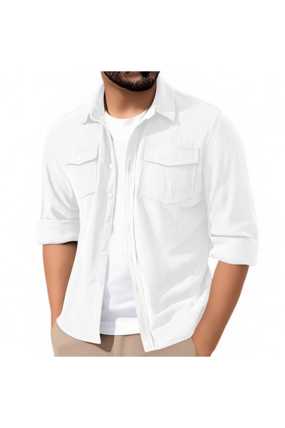 Men's Corduroy Dressy Shirts Long Sleeve Shirts Collar Button Down Shirt Vintage Solid Lightweight Jacket Outdoor Golf Jackets Bussiness Office Work Blouses with Flap Pockets