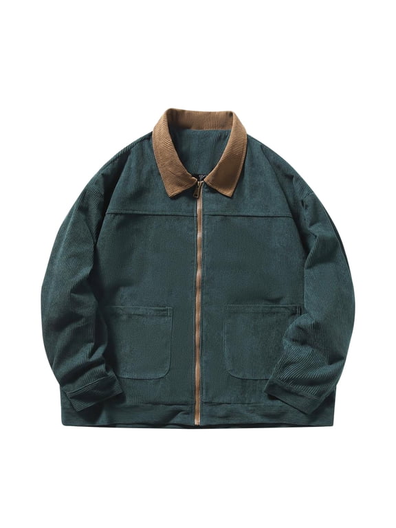 Men's Corduroy Full Zip Work Jacket Regular Fit Long Sleeve Soft Flannel Casual Collared Sport Coat with Pockets (Large, Green)