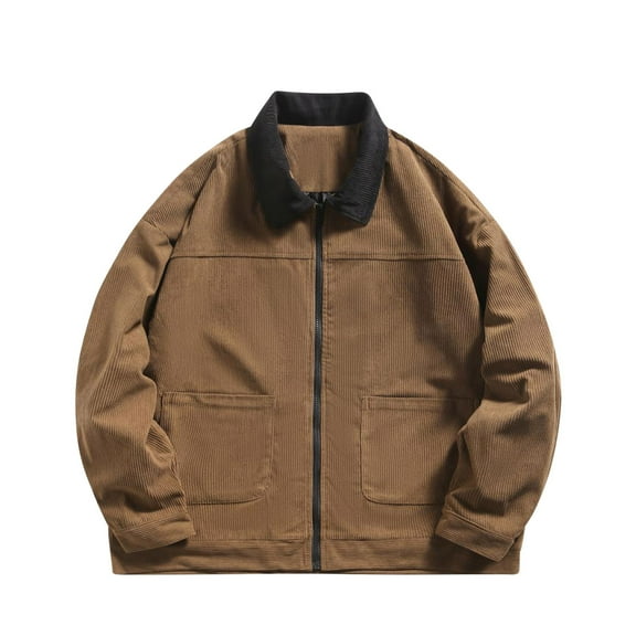 Men's Corduroy Full Zip Work Jacket Regular Fit Long Sleeve Soft Flannel Casual Collared Sport Coat with Pockets (Medium, Coffee)