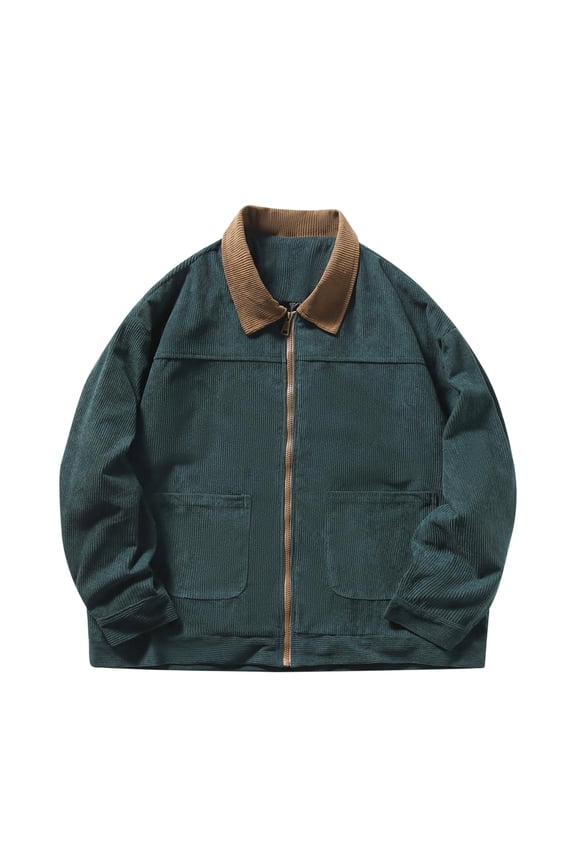 Men's Corduroy Full Zip Work Jacket Regular Fit Long Sleeve Soft Flannel Casual Collared Sport Coat with Pockets (Medium, Green)