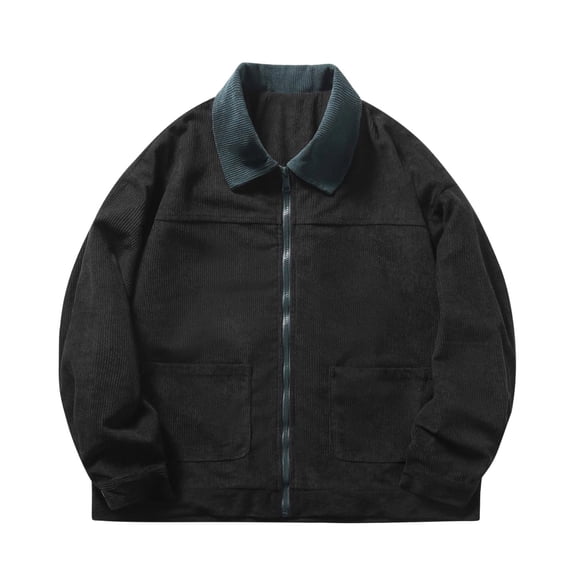 Men's Corduroy Full Zip Work Jacket Regular Fit Long Sleeve Soft Flannel Casual Collared Sport Coat with Pockets (X-Large, Black)
