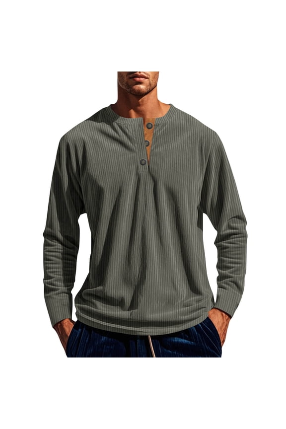 Men's Corduroy Henley Shirts Long Sleeve Casual Button Up Pullover Lightweight Classic Fall T-Shirt
