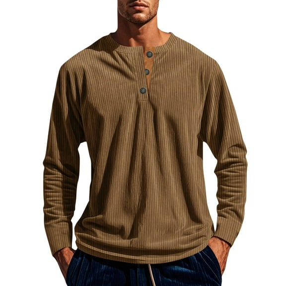 Men's Corduroy Henley Shirts Long Sleeve Casual Button Up Pullover Lightweight Classic Fall T-Shirt