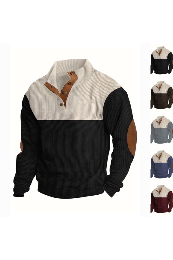Men's Corduroy Henley Sweatshirts Long Sleeve Color Block Stand Collar Casual Pullover Sweatshirts for Men Daily Wear 2026,L,Black