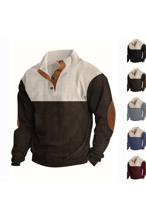 Men's Corduroy Henley Sweatshirts Long Sleeve Color Block Stand Collar Casual Pullover Sweatshirts for Men Daily Wear 2026,M,Brown