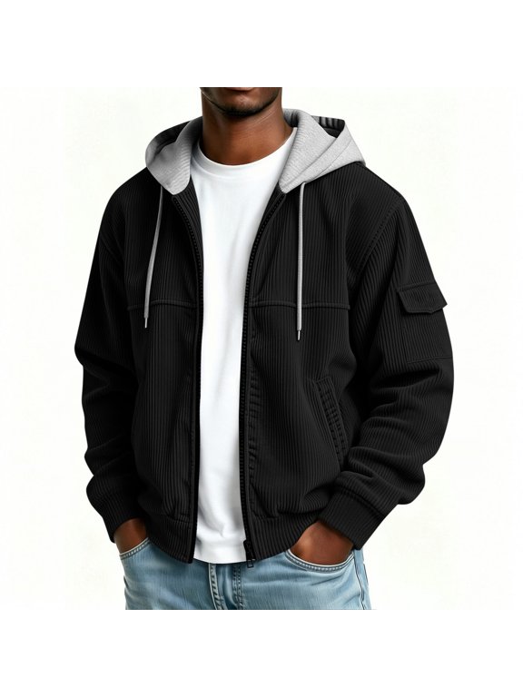 Men's Corduroy Hooded Jacket, Full Zip Long Sleeve Drawstring Casual Hoodie Arm Pockets for Fall Winter Outdoor Daily Wear, S
