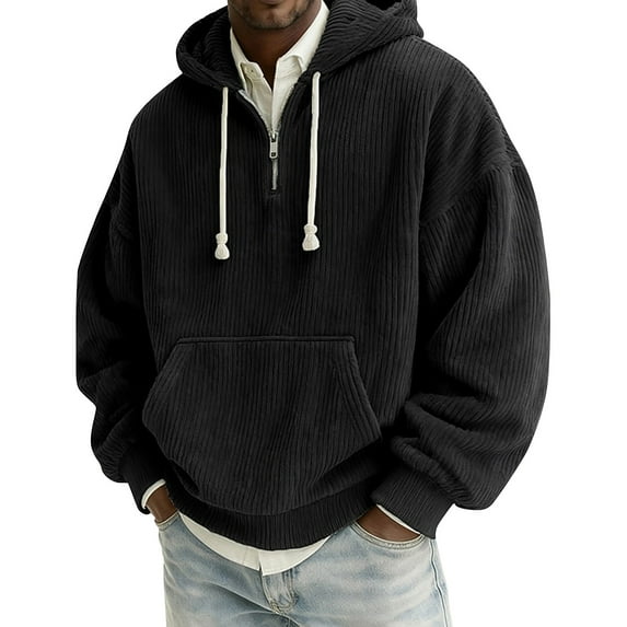 Men’s Corduroy Hooded Pullover with Half Zip Front and Kangaroo Pocket Loose Fit Casual Sweatshirt Top Black L