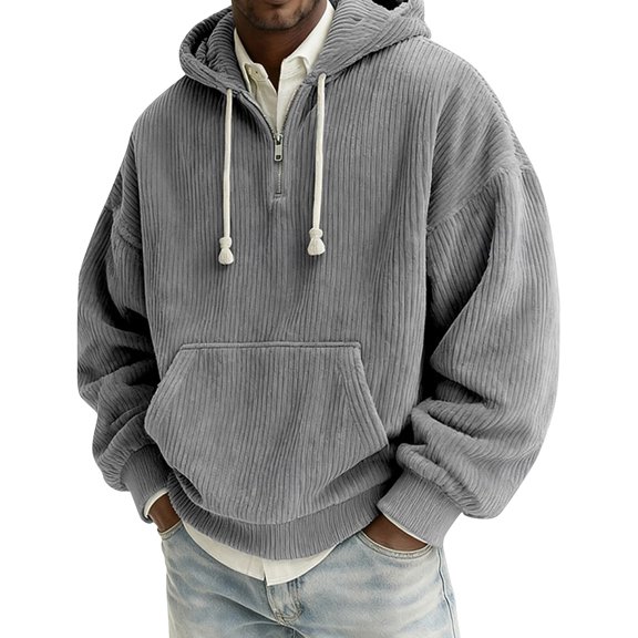 Men’s Corduroy Hooded Pullover with Half Zip Front and Kangaroo Pocket Loose Fit Casual Sweatshirt Top Gray 3XL