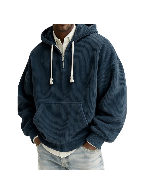 Men’s Corduroy Hooded Pullover with Half Zip Front and Kangaroo Pocket Loose Fit Casual Sweatshirt Top Navy M