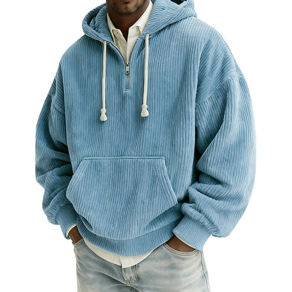 Men’s Corduroy Hooded Pullover with Half Zip Front and Kangaroo Pocket Loose Fit Casual Sweatshirt Top Sky Blue 3XL