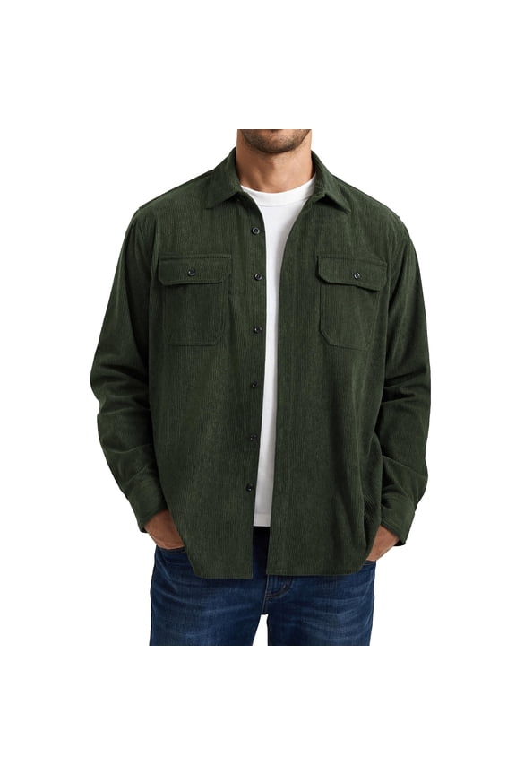 Men Corduroy Jacket Long Sleeve Button Down Shirts Casual Shirt Jackets with Flap Pockets ArmyGreen