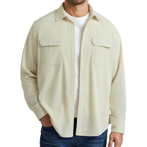 Mens Corduroy Button Down Shirts Long Sleeve Casual Corduroy Shirt Jacket with Flap Pockets Apricot